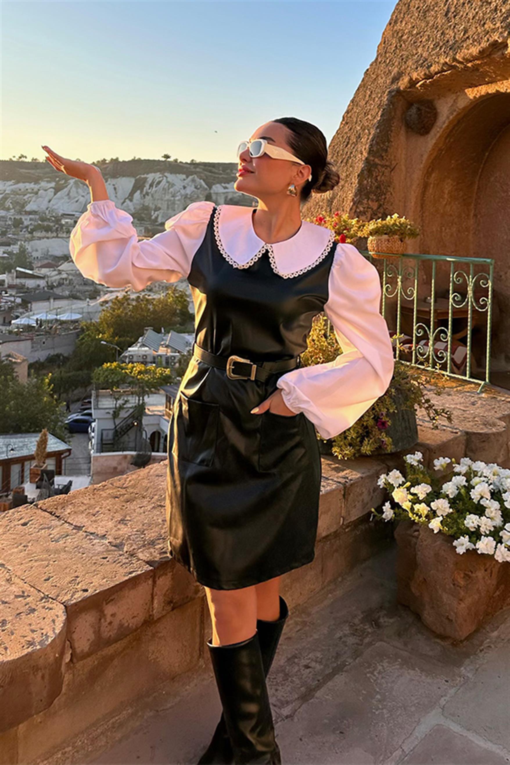 Girly Bebe Yaka Siyah Deri Elbise