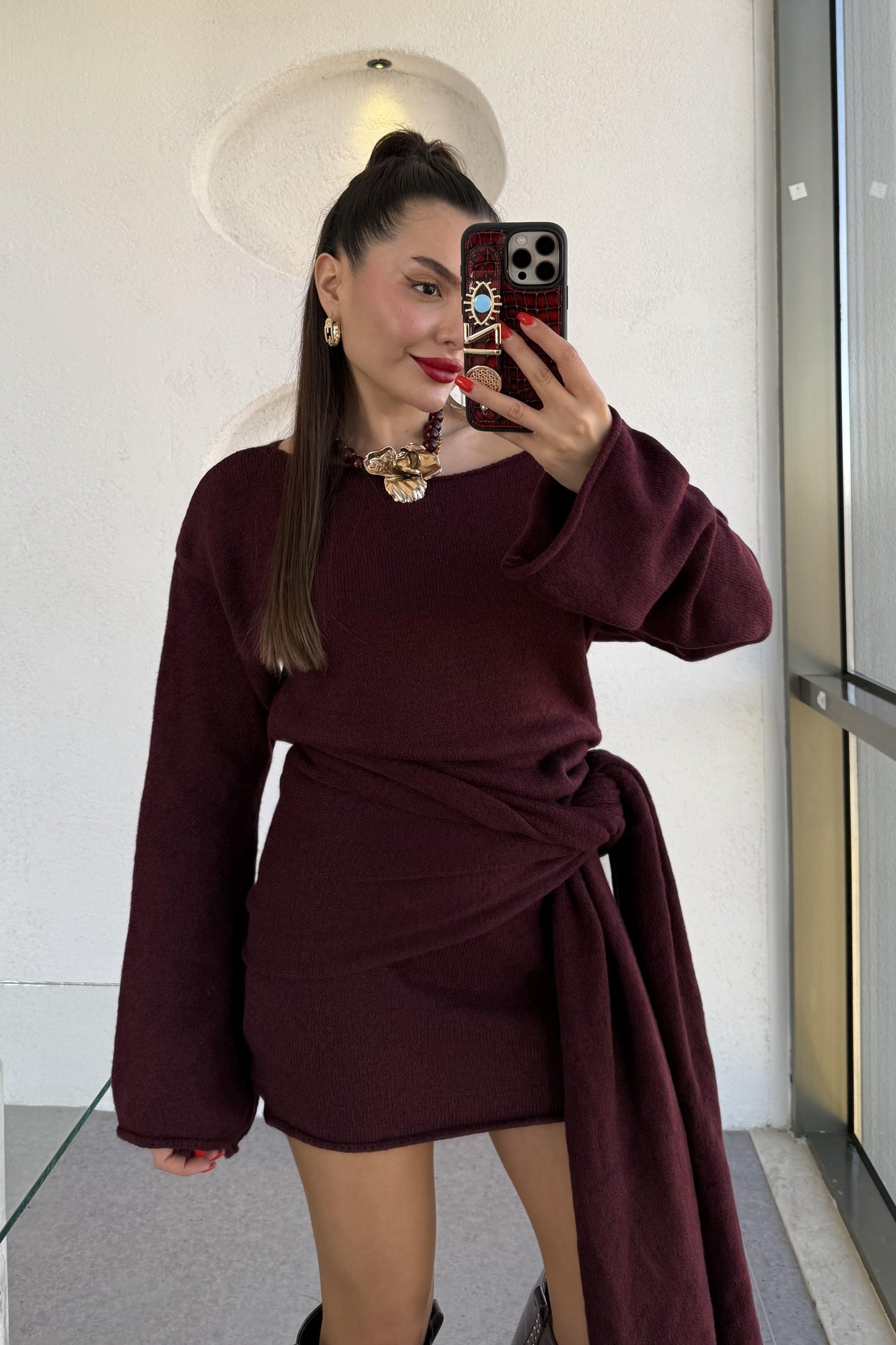 Glady Bordo İki Parça Triko Elbise