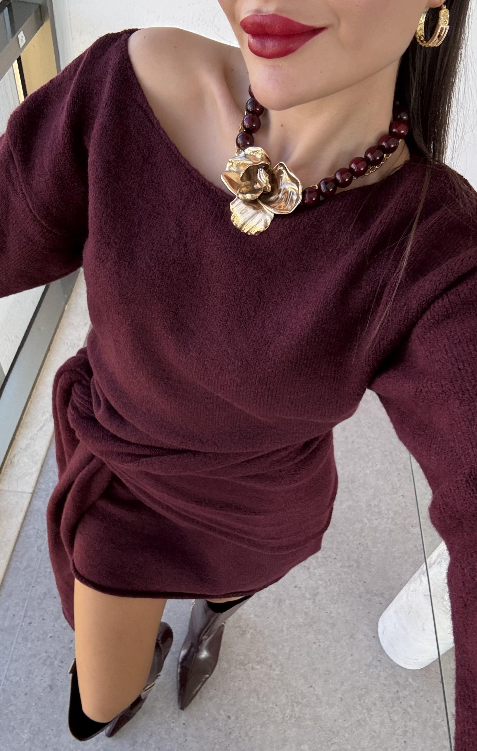 Glady Bordo İki Parça Triko Elbise