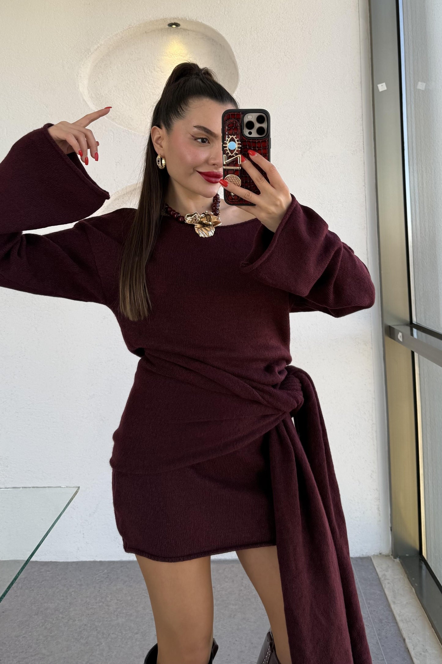 Glady Bordo İki Parça Triko Elbise