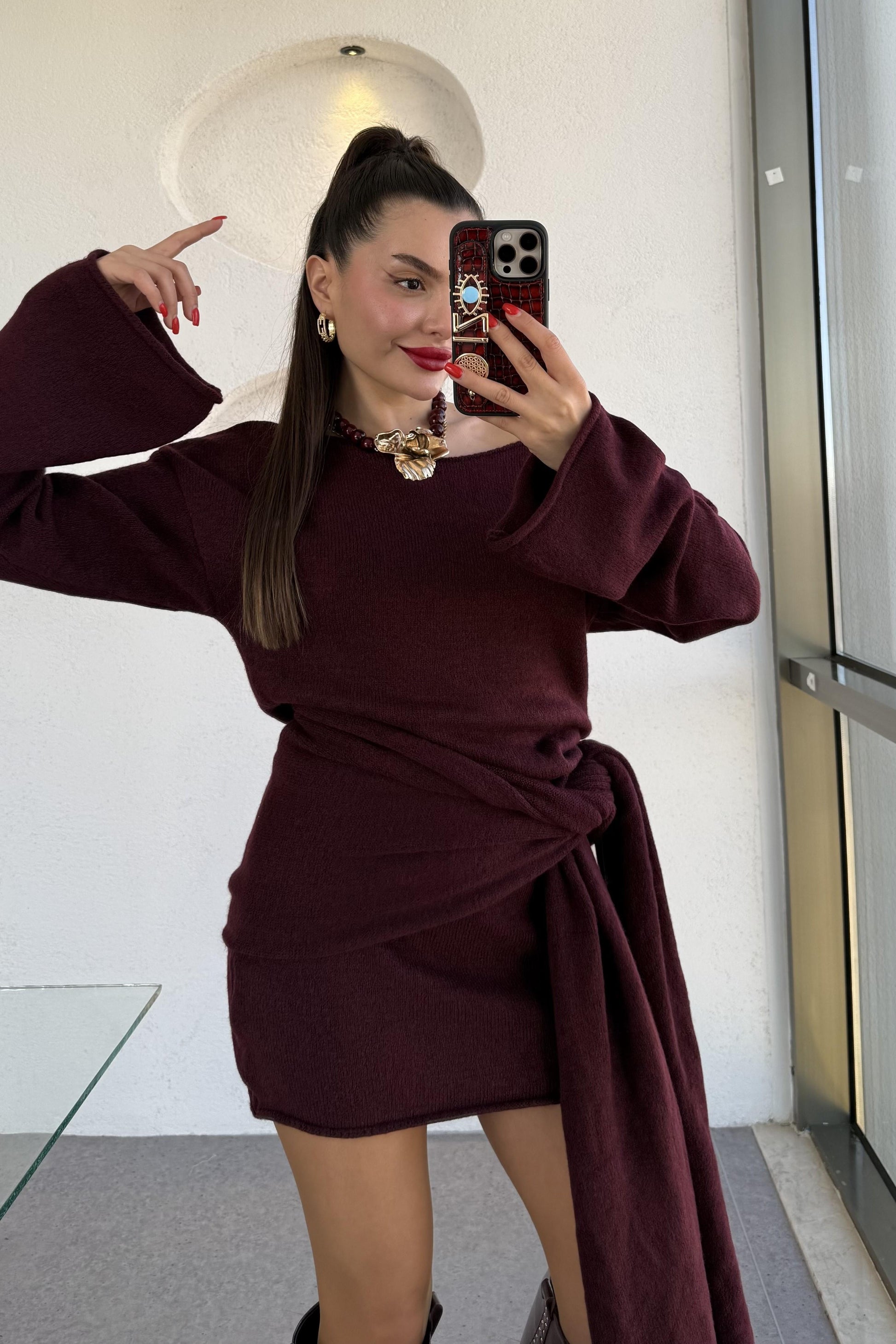 Glady Bordo İki Parça Triko Elbise