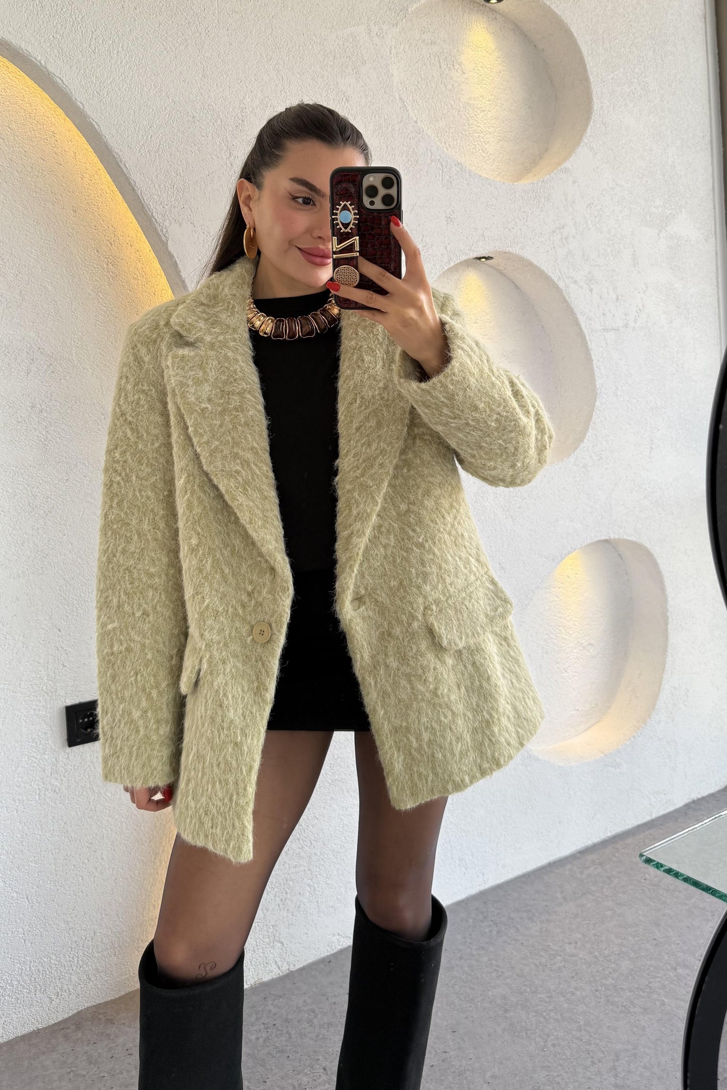 Glise Tüylü Mint Blazer Ceket