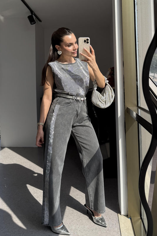 Gliter Denim Parlak Taşlı Tasarım Takım
