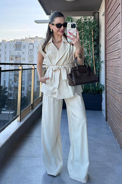 Godness Kuşaklı Yelek Takım - Krem