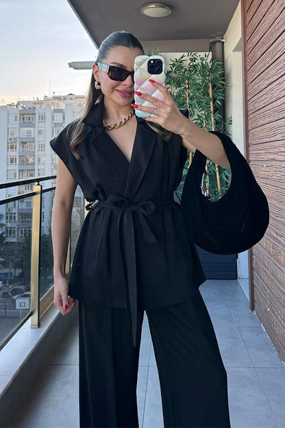 Godness Kuşaklı Yelek Takım - Siyah