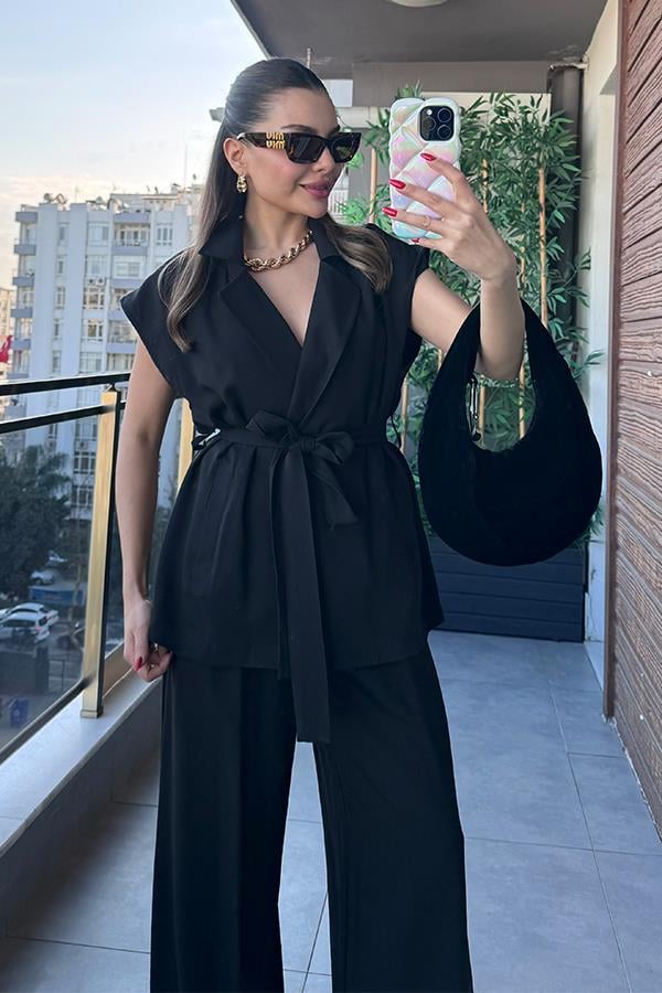 Godness Kuşaklı Yelek Takım - Siyah