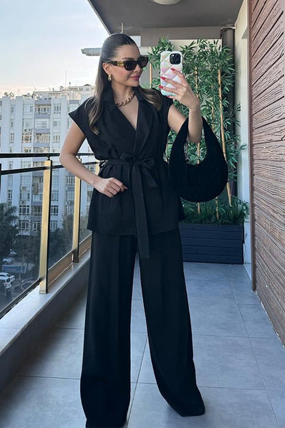 Godness Kuşaklı Yelek Takım - Siyah