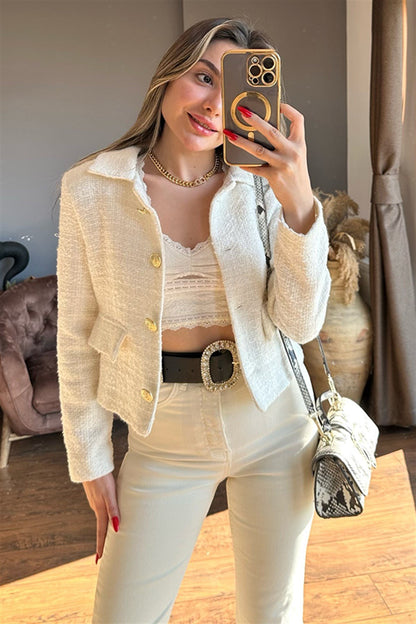 Gold düğme detaylı beyaz tüvit blazer