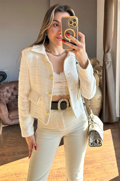 Gold düğme detaylı beyaz tüvit blazer