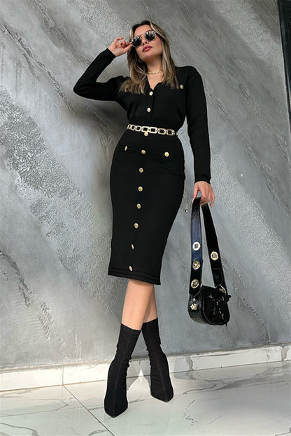 Gold düğme detaylı siyah ikili triko takım