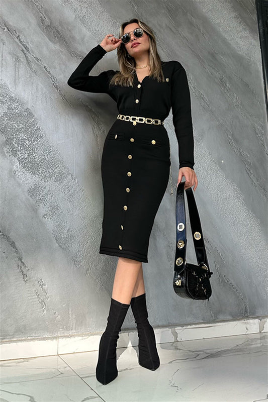 Gold düğme detaylı siyah ikili triko takım