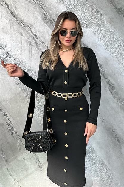 Gold düğme detaylı siyah ikili triko takım