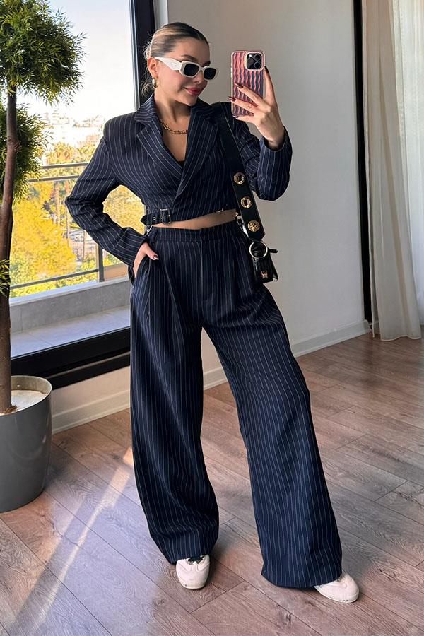Goldıe Beli Aksesuarlı Çizgili Takım - Lacivert