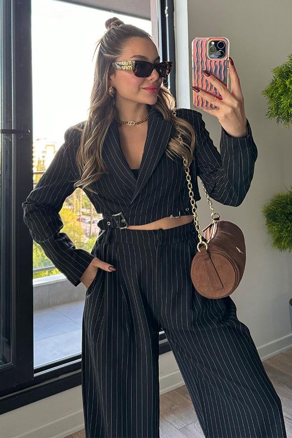 Goldıe Beli Aksesuarlı Çizgili Takım - Siyah