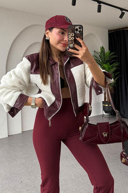 Grasso Teddy Bordo Deri Karışımlı Ceket