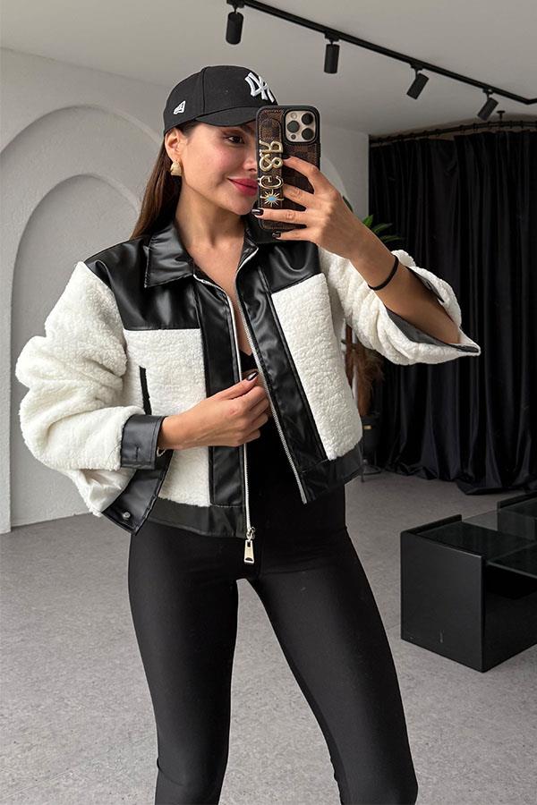 Grasso Teddy Siyah Deri Karışımlı Ceket