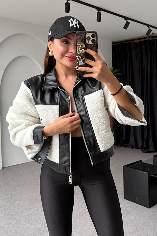 Grasso Teddy Siyah Deri Karışımlı Ceket