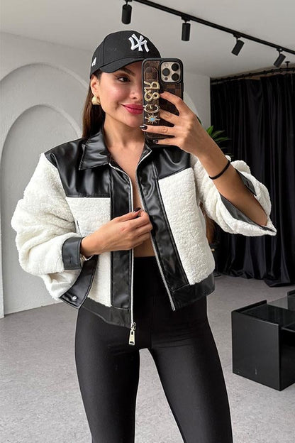 Grasso Teddy Siyah Deri Karışımlı Ceket