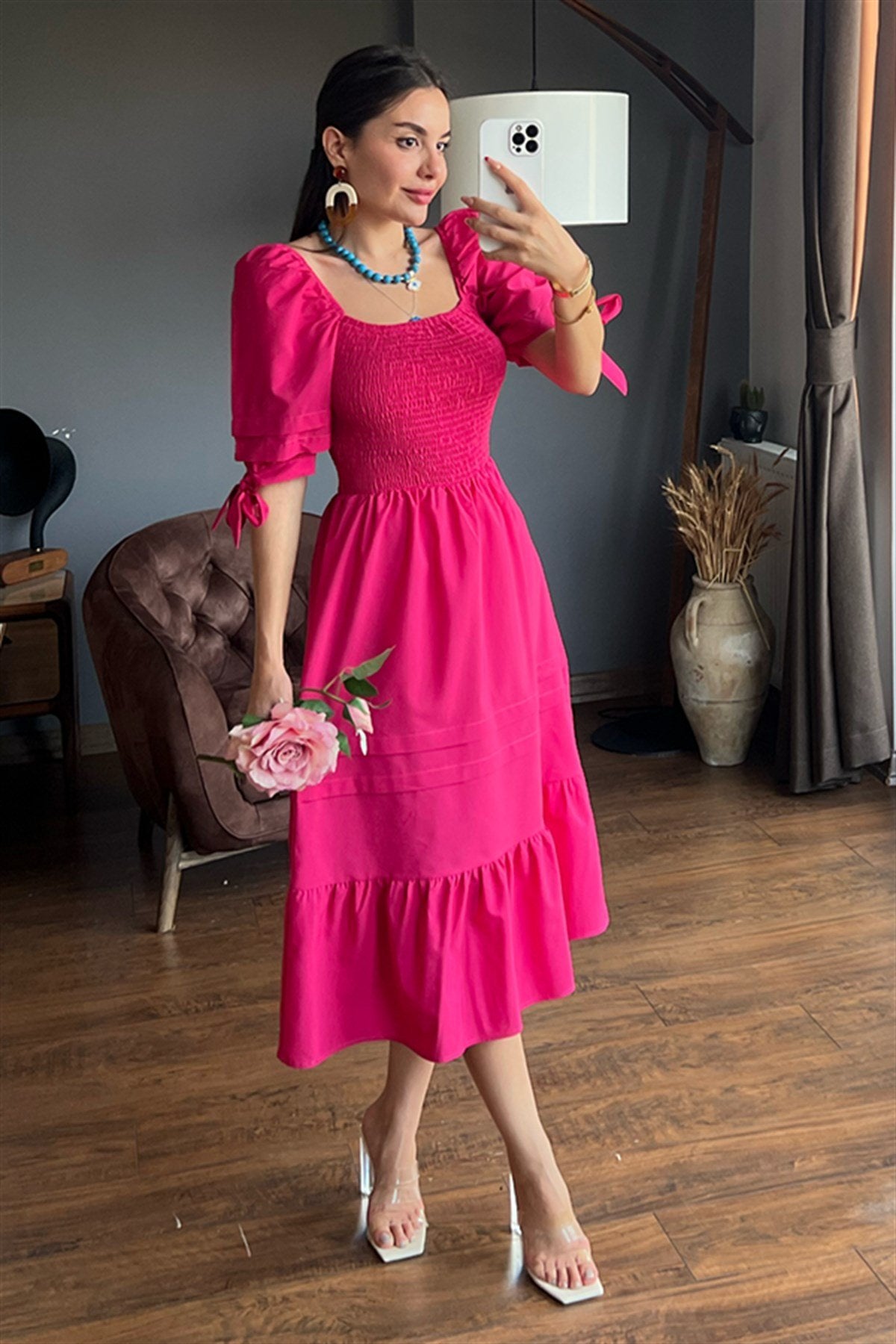 Grazia önü gipeli fuşya çan elbise