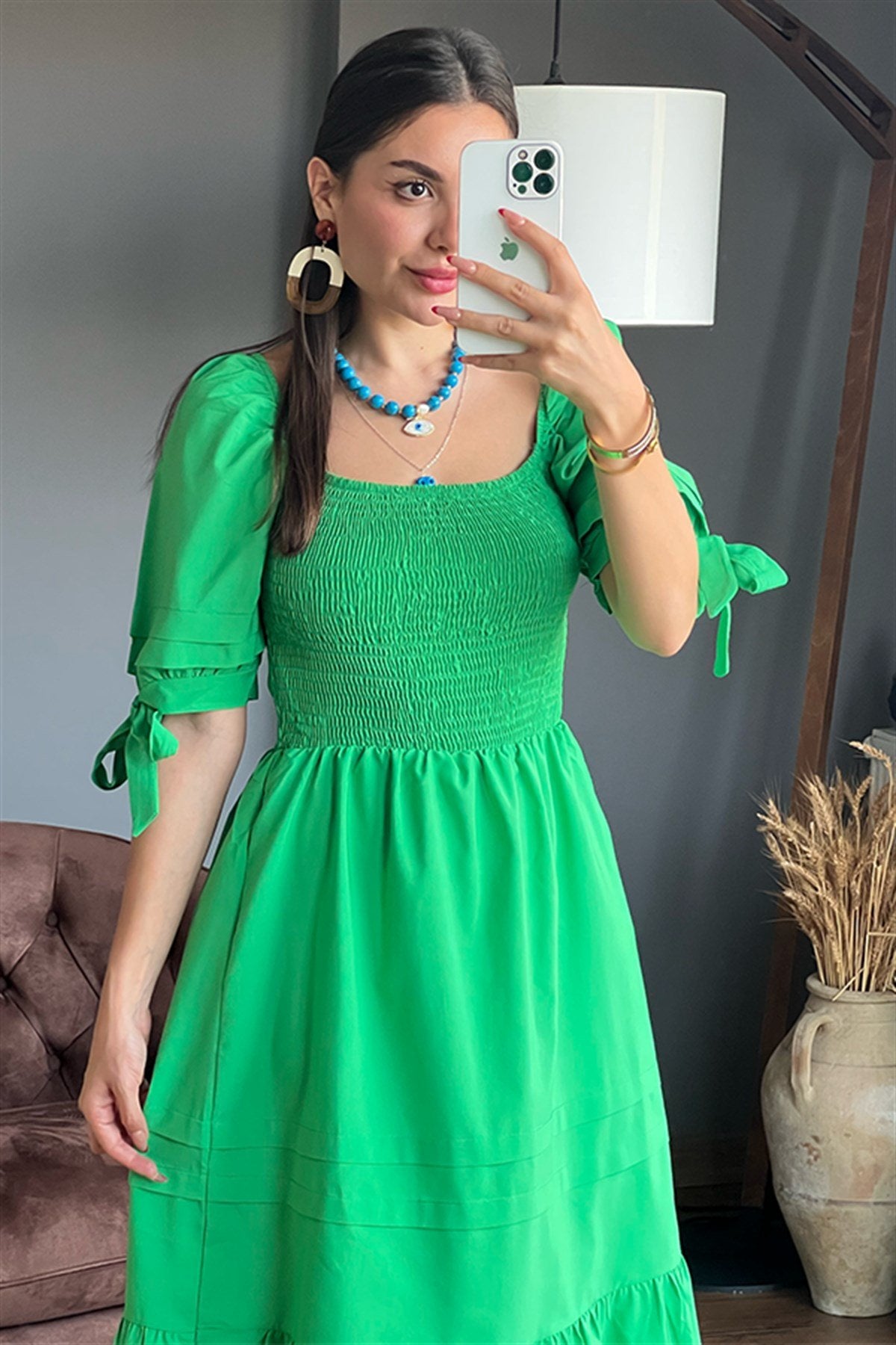 Grazia önü gipeli yeşil çan elbise