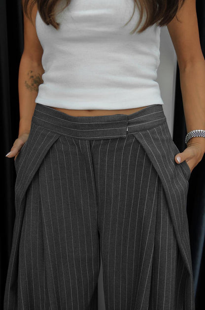 GRI ÇIZGILI DÜŞÜK BEL PANTOLON