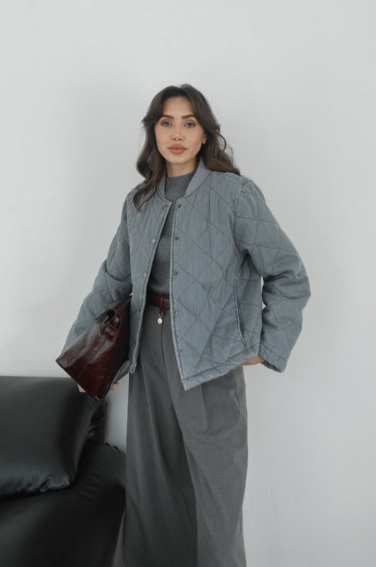 GRI KAPITONE DENIM CEKET