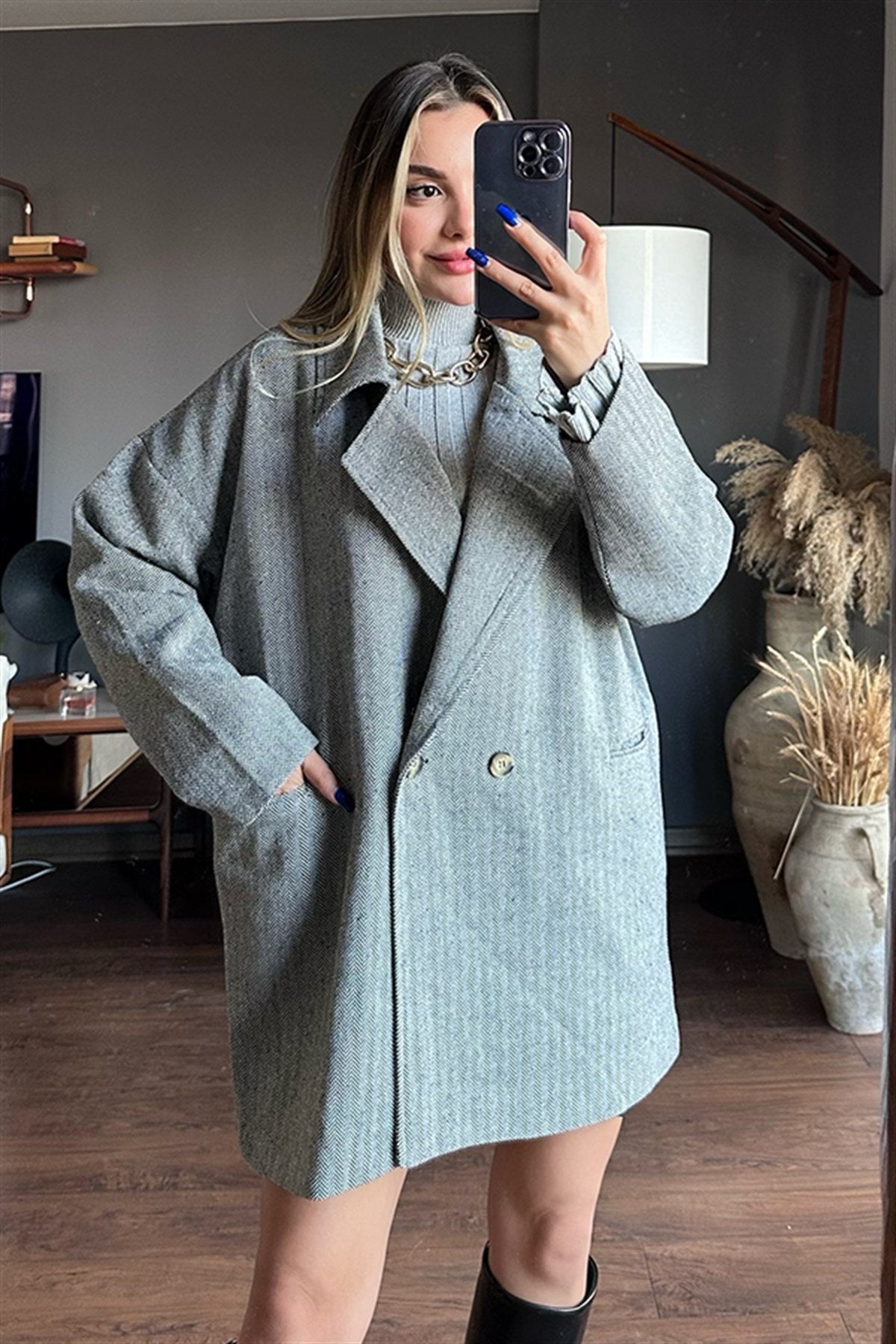 Gri oversize kaşe kaban