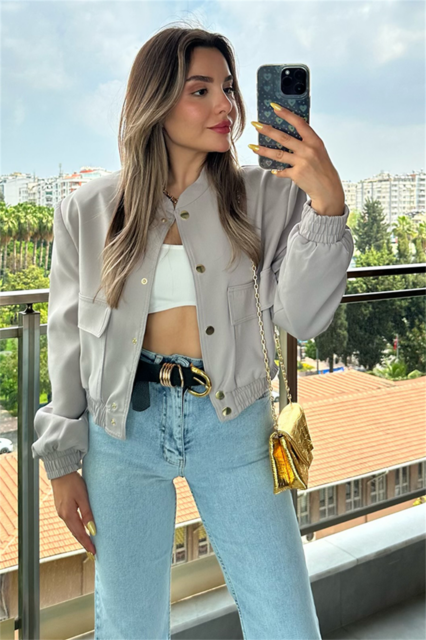 Gri vatkalı bomber ceket