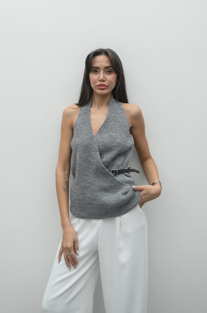 GRI YANDAN KEMERLI TRIKO YELEK