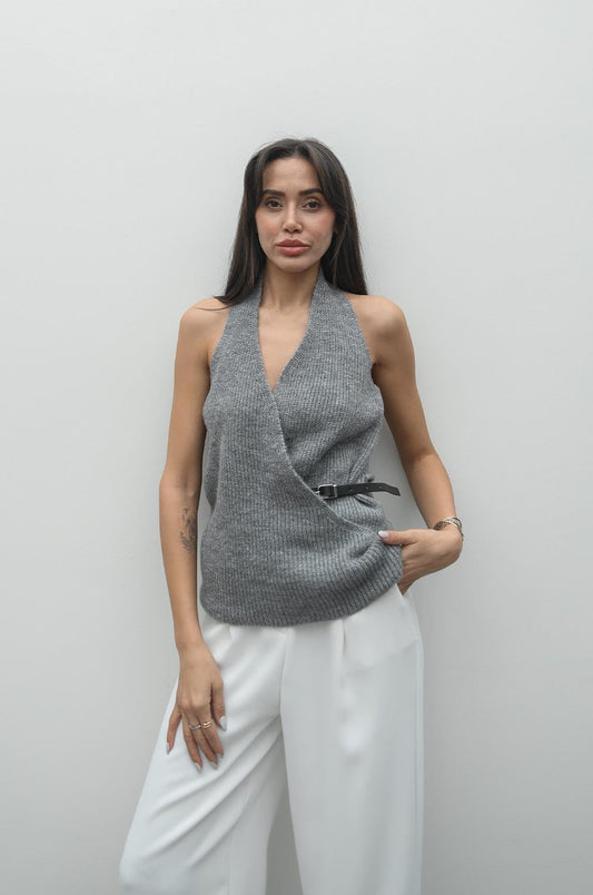 GRI YANDAN KEMERLI TRIKO YELEK