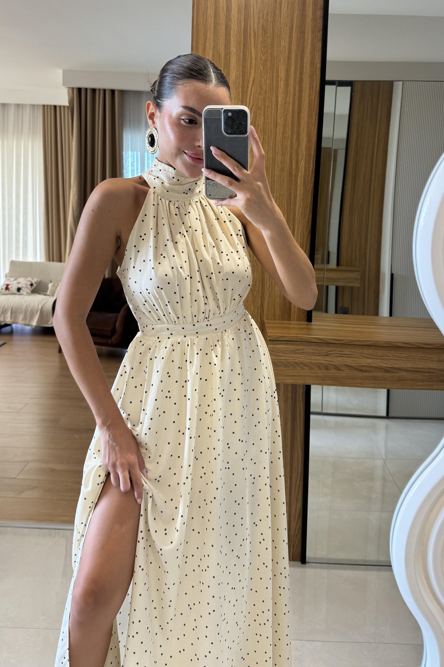 Guezza Puantiyeli Halter Yaka Elbise