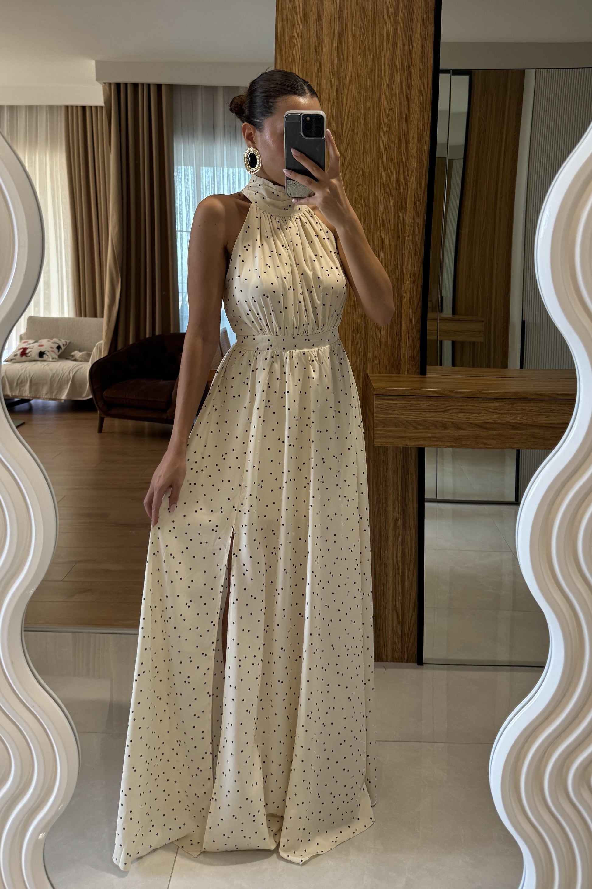 Guezza Puantiyeli Halter Yaka Elbise