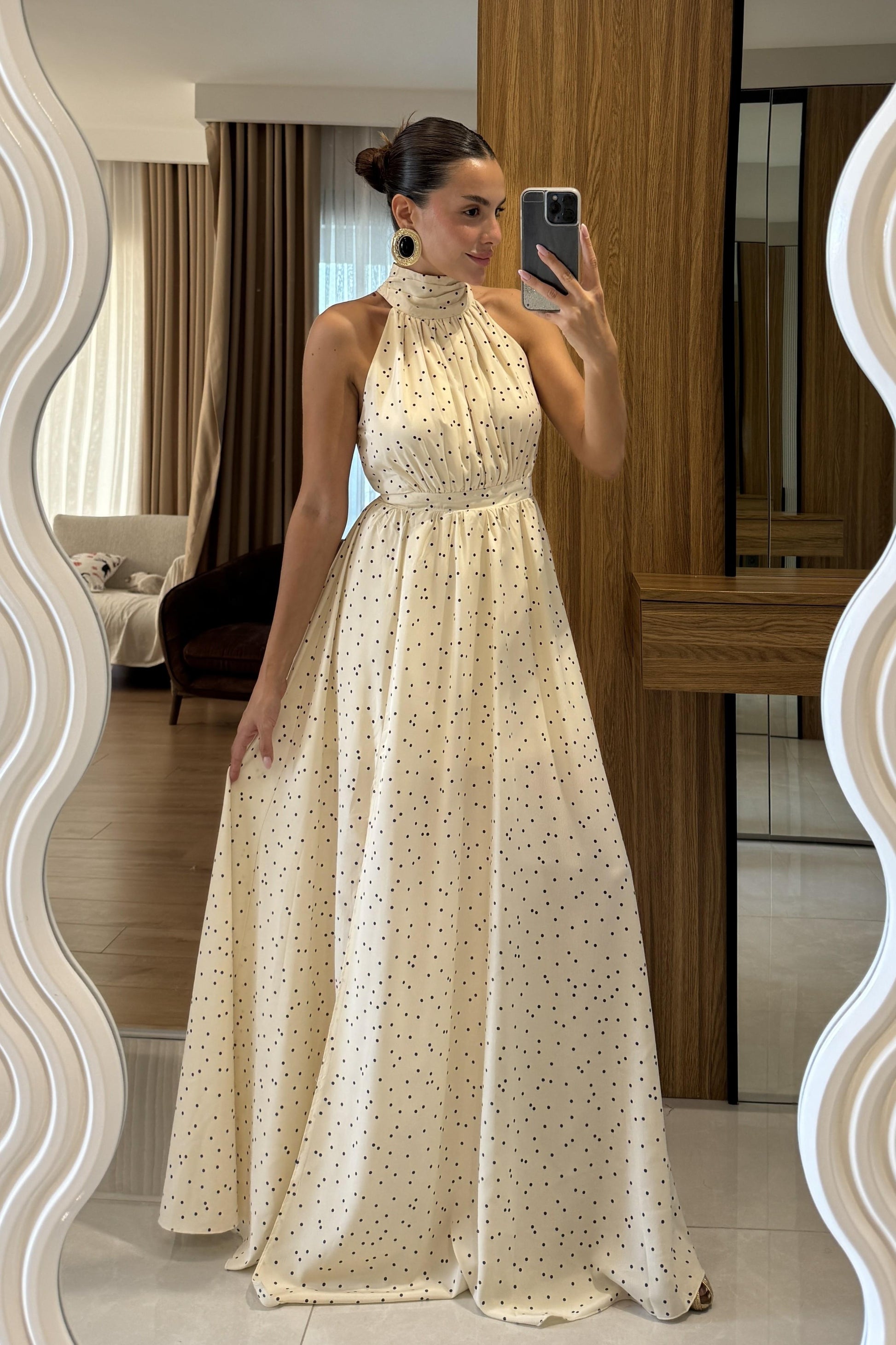 Guezza Puantiyeli Halter Yaka Elbise