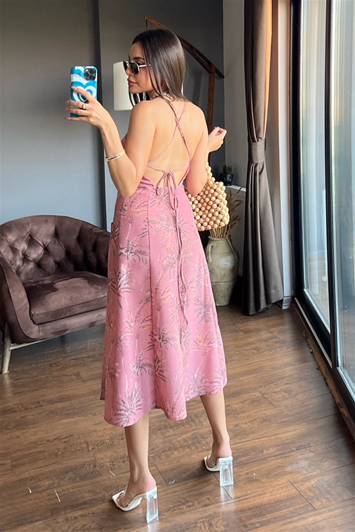 Gül kurusu rengi önü düğmeli elbise