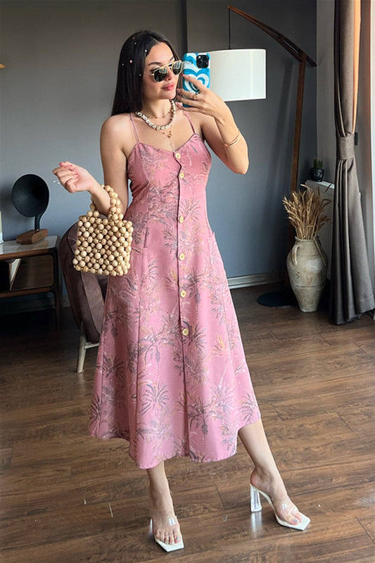 Gül kurusu rengi önü düğmeli elbise