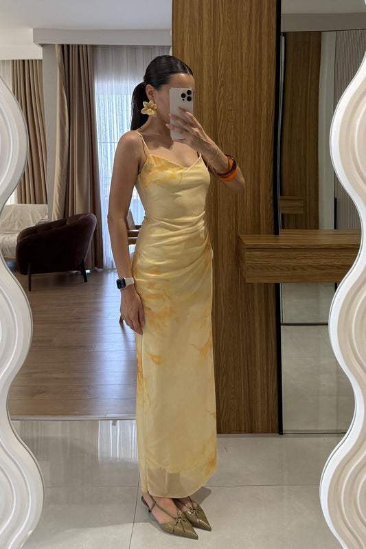 Gustavo Sarı Desenli Tül Elbise