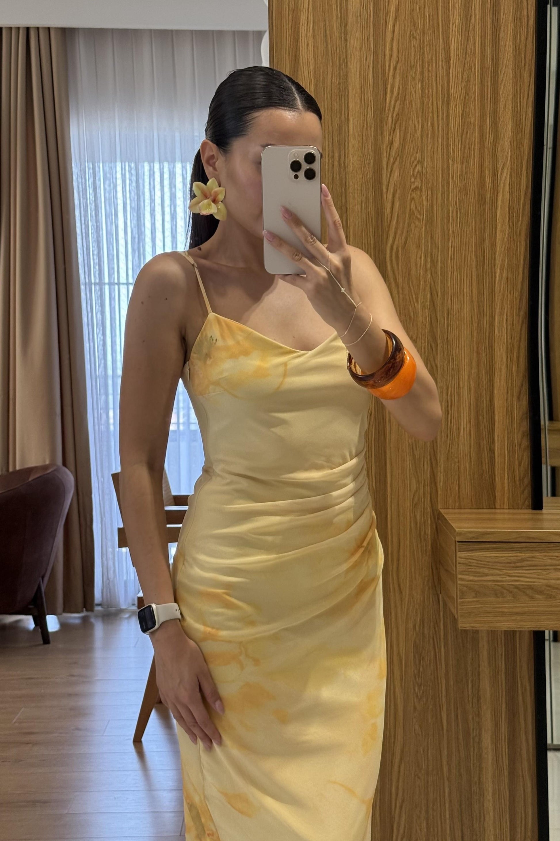 Gustavo Sarı Desenli Tül Elbise