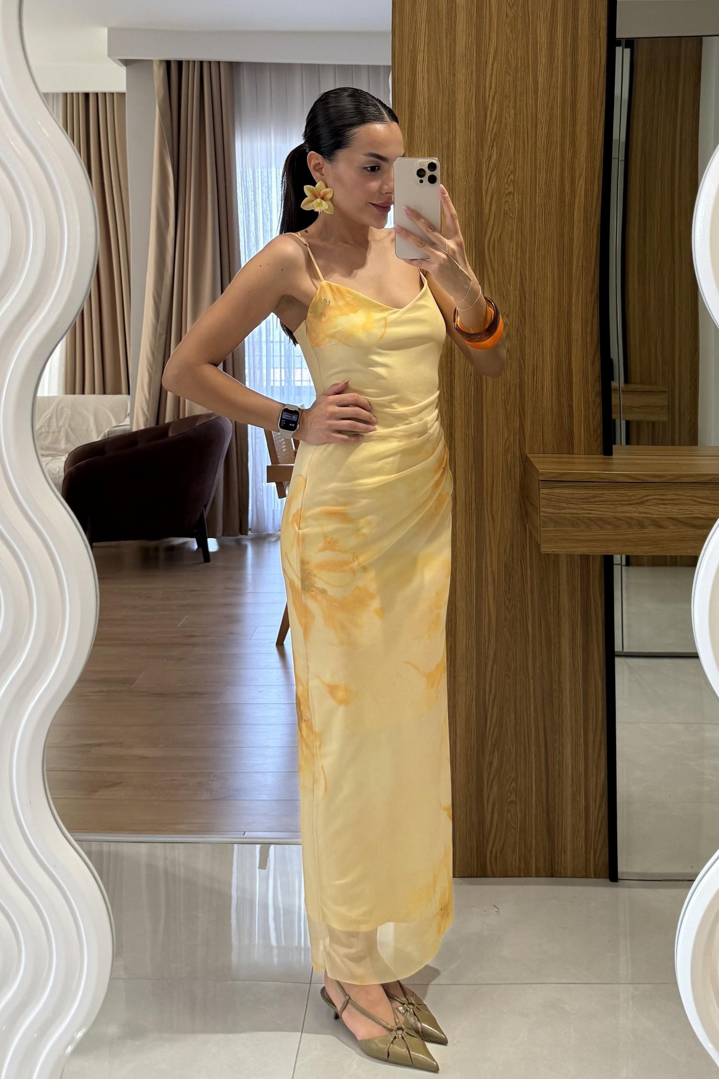 Gustavo Sarı Desenli Tül Elbise