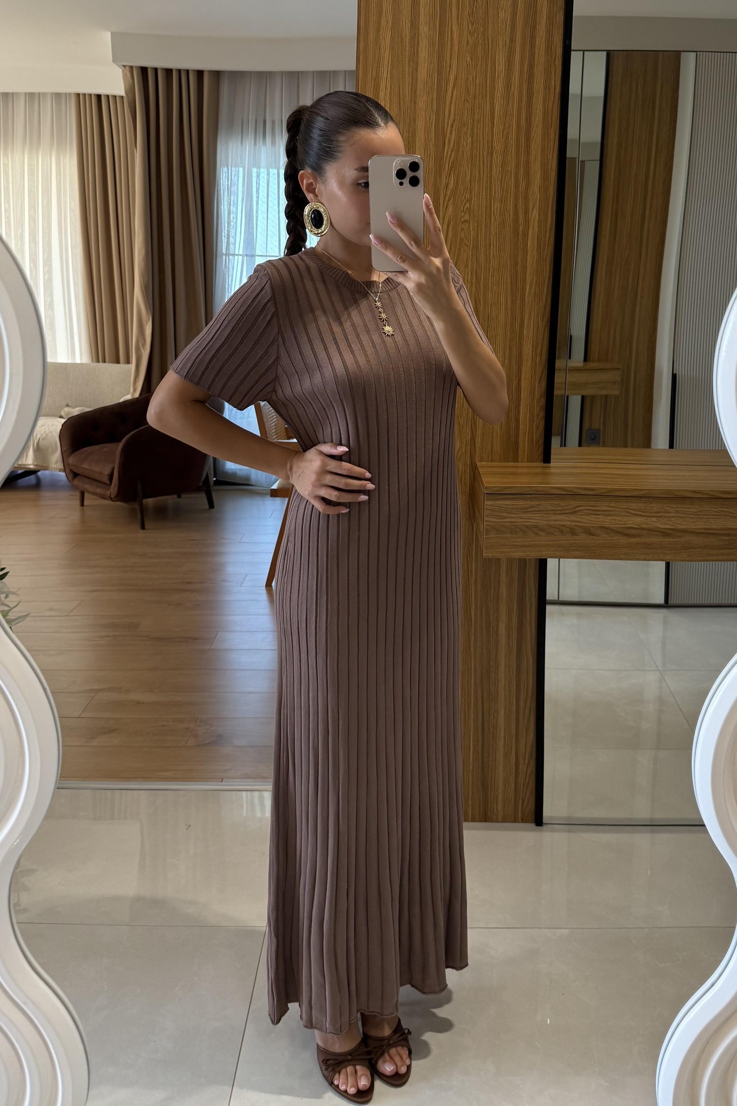 Gwenn Kahve Fitilli Elbise