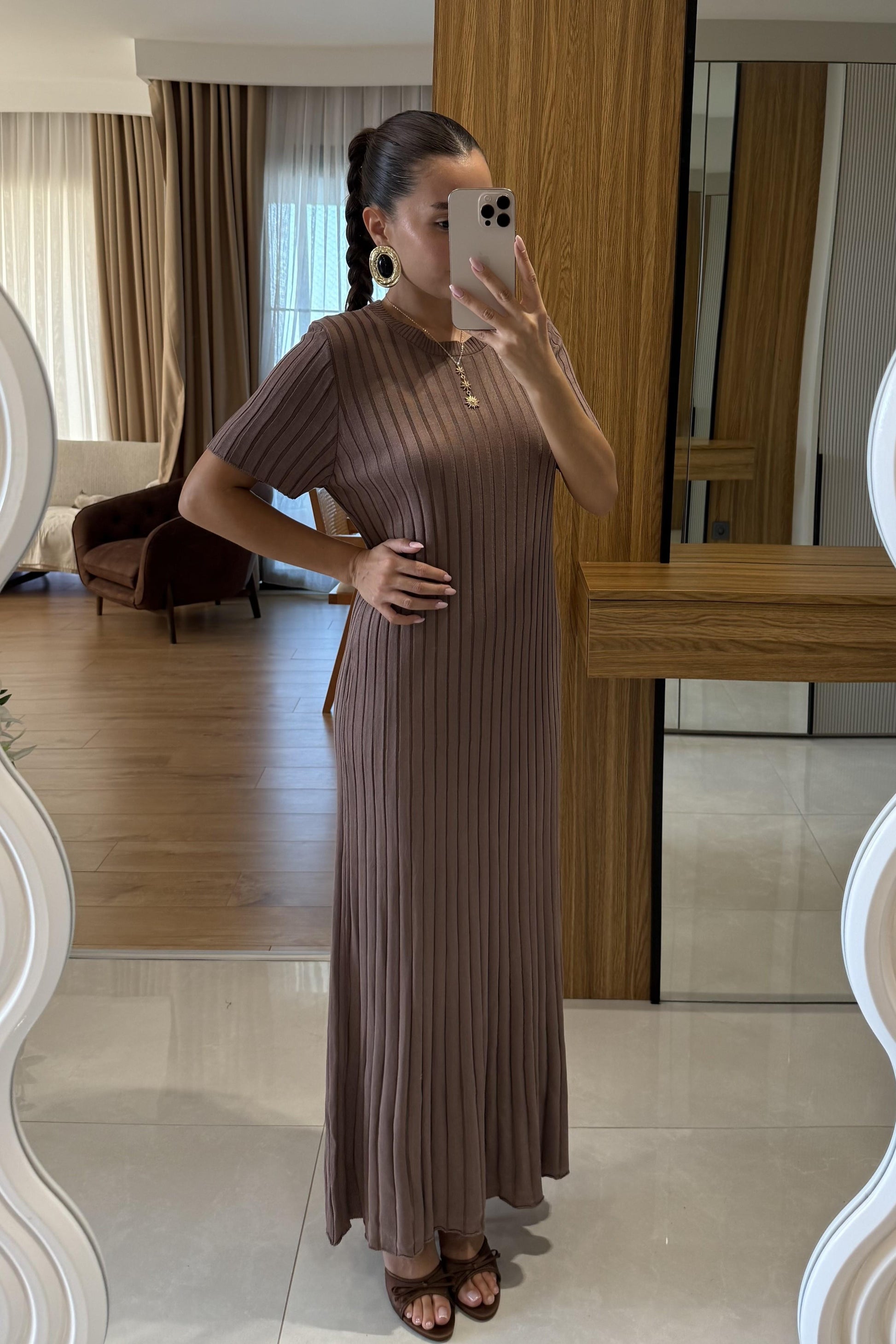 Gwenn Kahve Fitilli Elbise