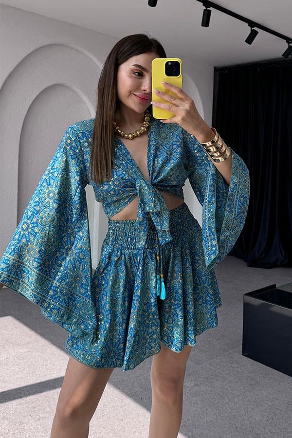 Gypsy Etnik Desenli Şort Takım - Darkblue