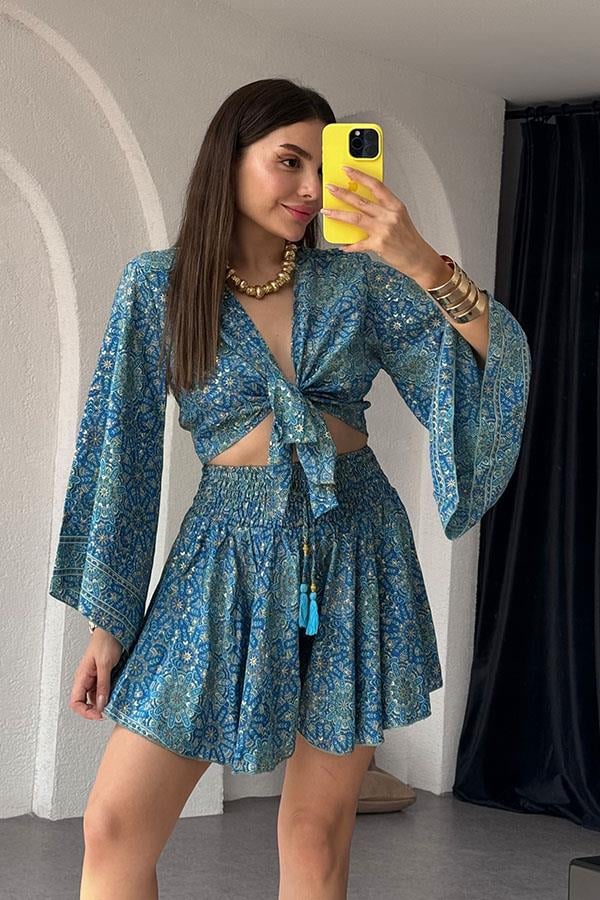 Gypsy Etnik Desenli Şort Takım - Darkblue