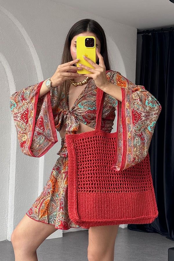 Gypsy Etnik Desenli Şort Takım - Kırmızı