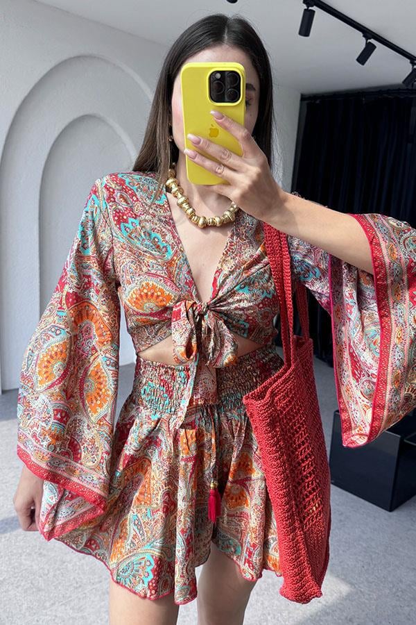 Gypsy Etnik Desenli Şort Takım - Kırmızı