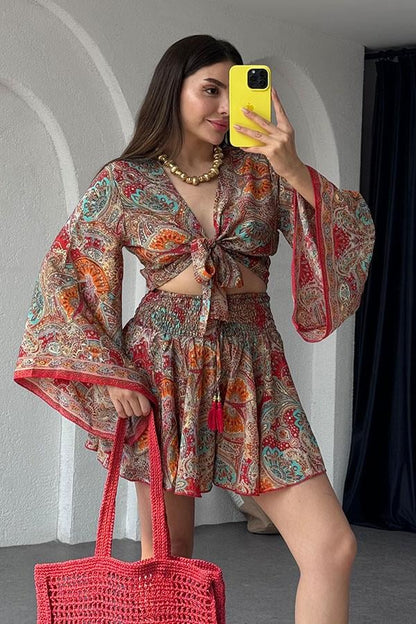 Gypsy Etnik Desenli Şort Takım - Kırmızı