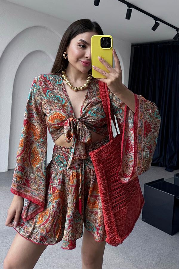 Gypsy Etnik Desenli Şort Takım - Kırmızı