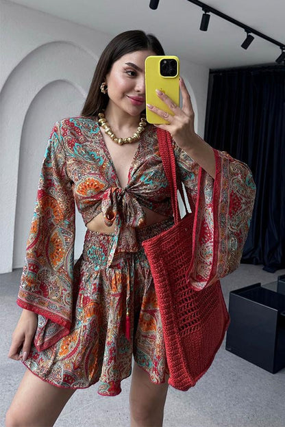 Gypsy Etnik Desenli Şort Takım - Kırmızı