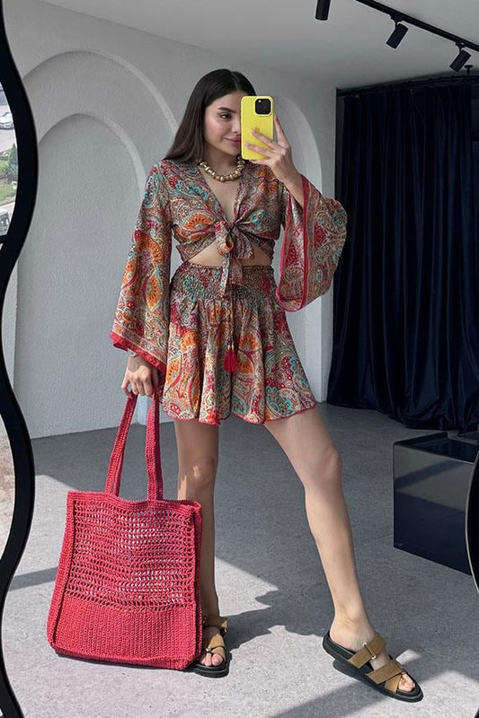 Gypsy Etnik Desenli Şort Takım - Kırmızı