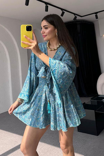 Gypsy Etnik Desenli Şort Takım - Lighblue