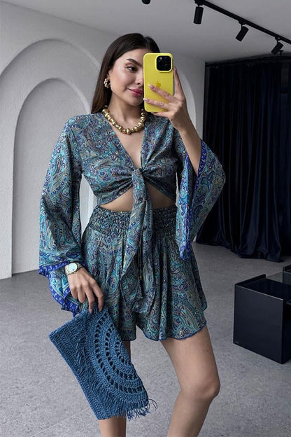 Gypsy Etnik Desenli Şort Takım - Saks